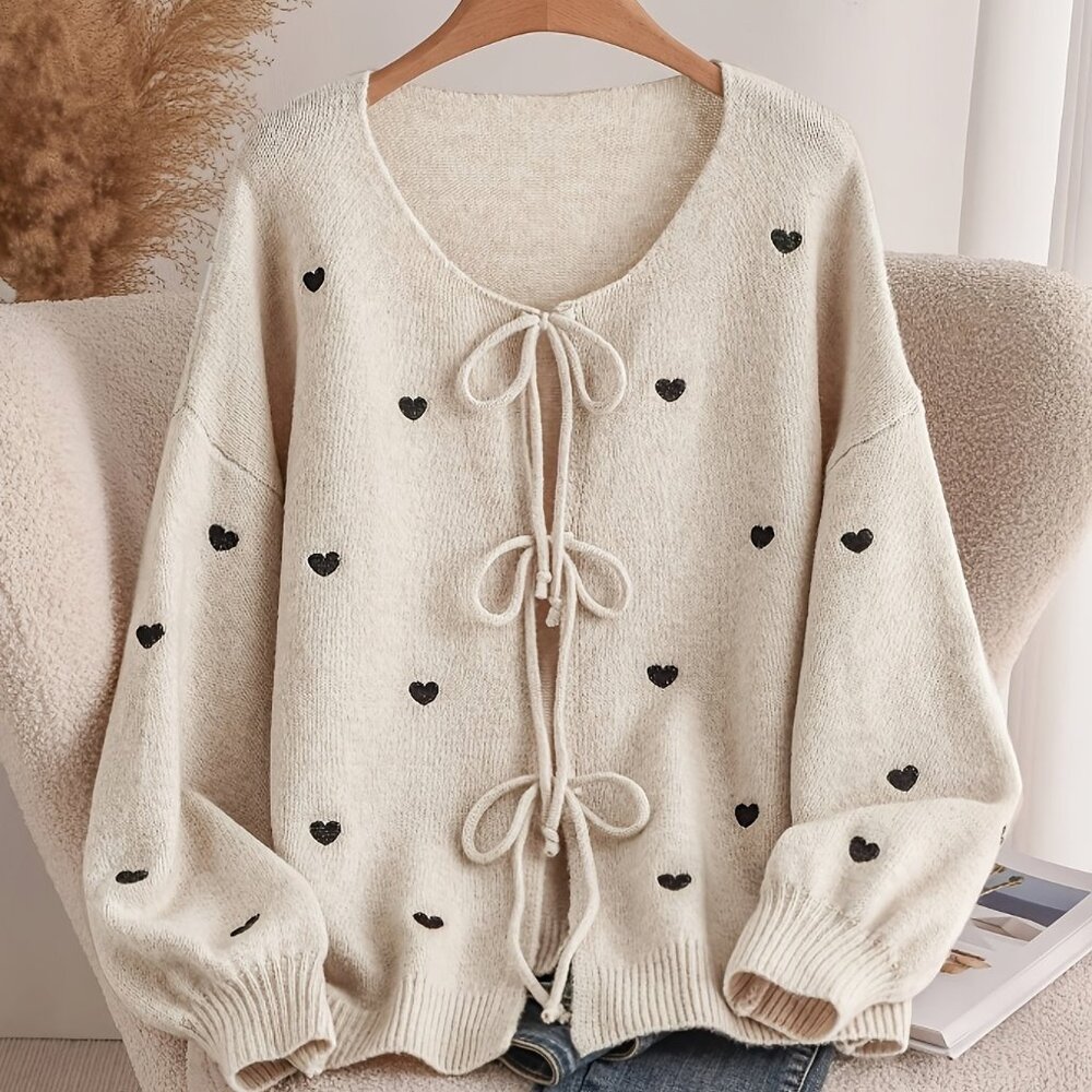 Frenchy Plus Size Women Heart Cardigan with Bow Ties 3X